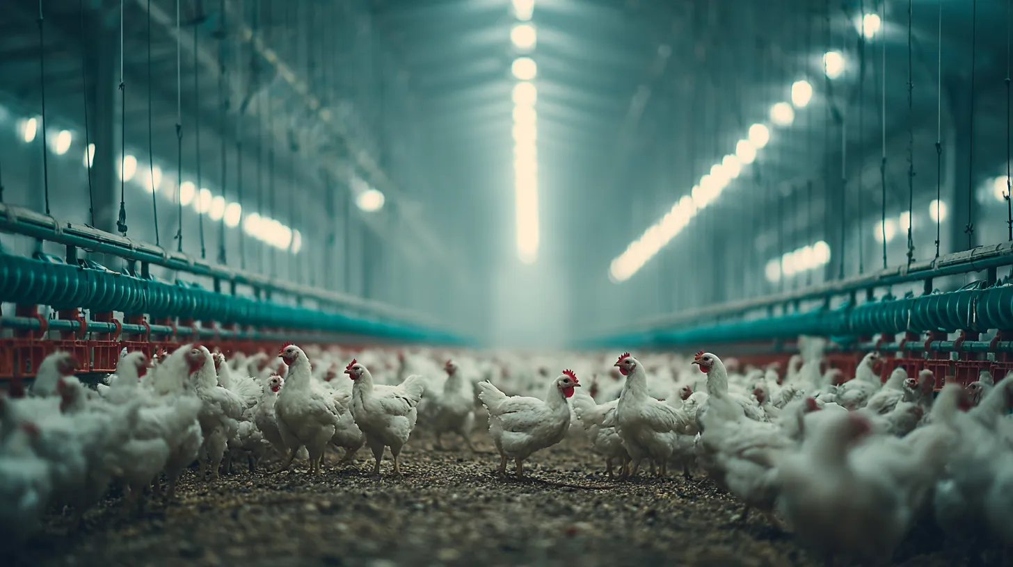 Interior of a controlled broiler shed looking down the length of the house