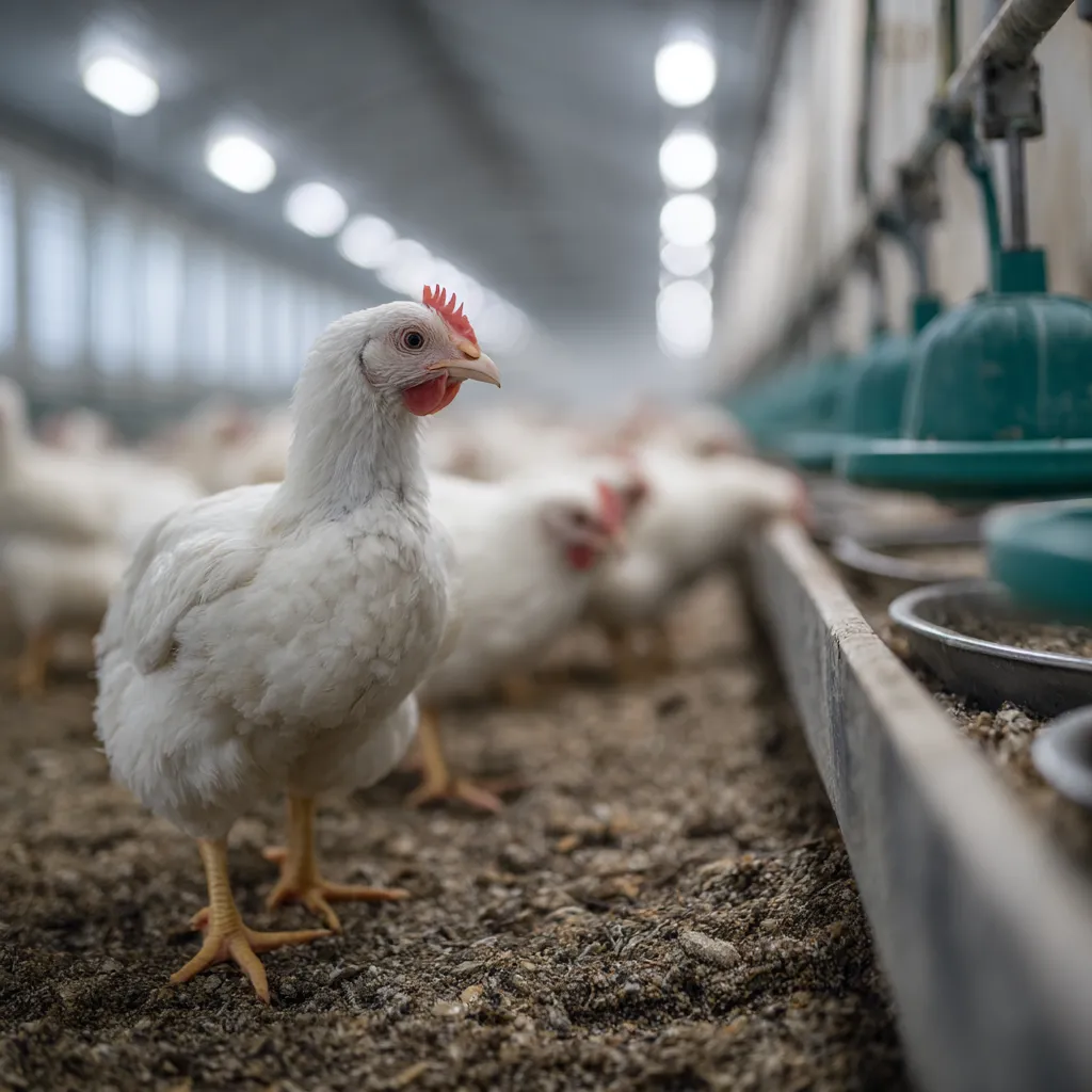 Broiler chickens at bird level beside a feed and drinker line in a controlled shed